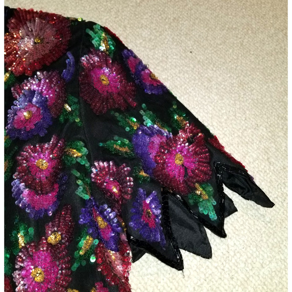 VINTAGE Womens Top-LAURENCE KAZAR-black/pink floral sequin/bead silk holiday -1X - Picture 4 of 6